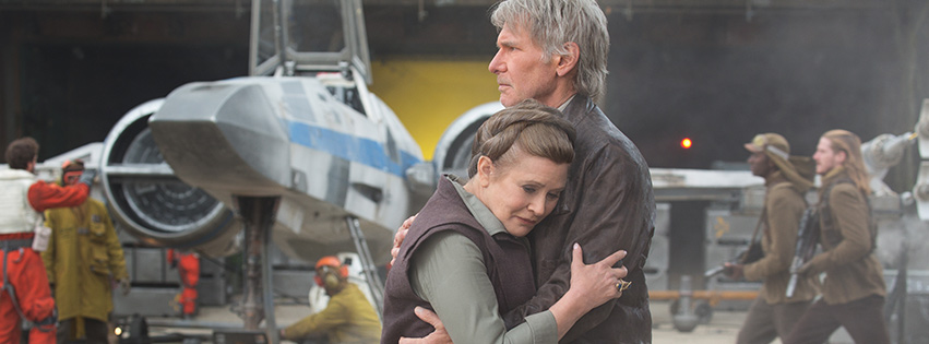 Carrie Fisher as General Leia Organa embracing Han Solo in "Star Wars: The Force Awakens."