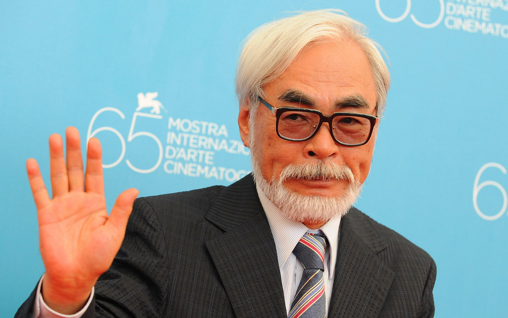 Japan's director Hayao Miyazaki waves to photographers during the photocall of his movie "Gake no ue no Ponyo" (English title :Ponyo on the Cliff) during the 65th Venice International Film Festival at Venice Lido, on August 31, 2008.