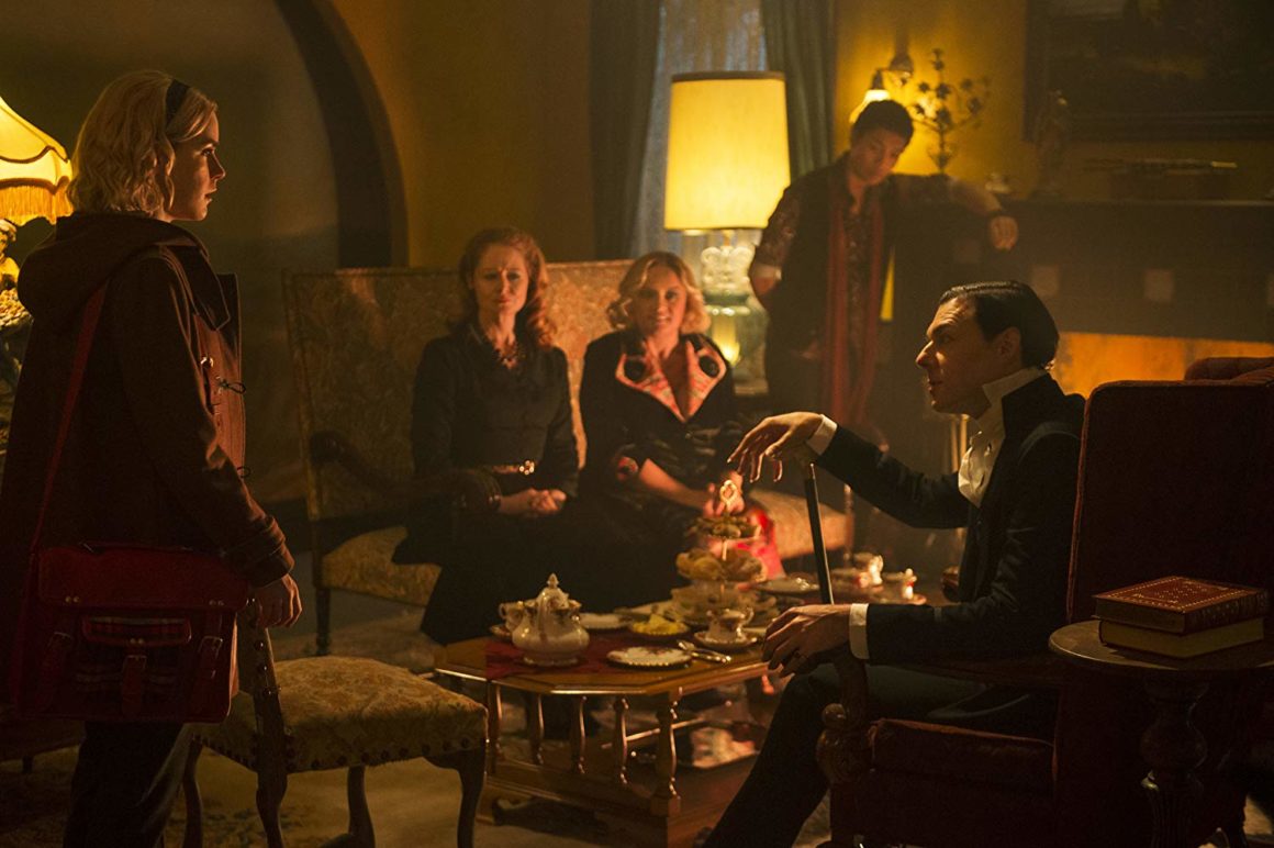The cast of Sabrina from left: Shipka, Miranda Otto, Lucy Davis, Chance Perdomo and Richard Coyle. Photo: Netflix