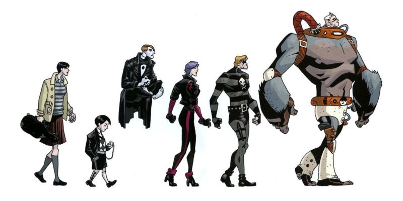 The Umbrella Academy from left: Vanya, Number Five, Klaus, Allison, Diego, and Luther. Illustration: Gabriel Ba/Dark Horse Comics.