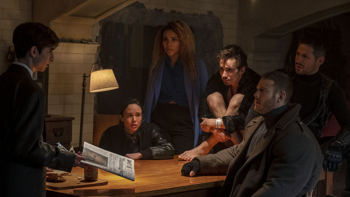 From left: Aidan Gallagher, Ellen Page, Emmy Raver-Lampman, Robert Sheehan, Tom Hopper, and Diego Castaneda. Photo: Netflix.