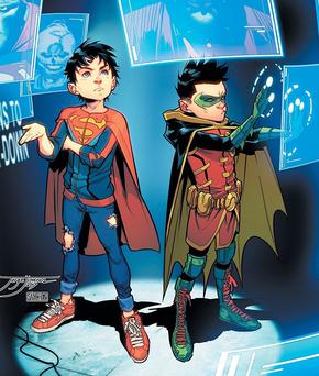 Jonathan Kent as Superboy and Damian Wayne as Robin on the cover of Super Sons #10, by Jorge Jimenez. Photo: DC Comics