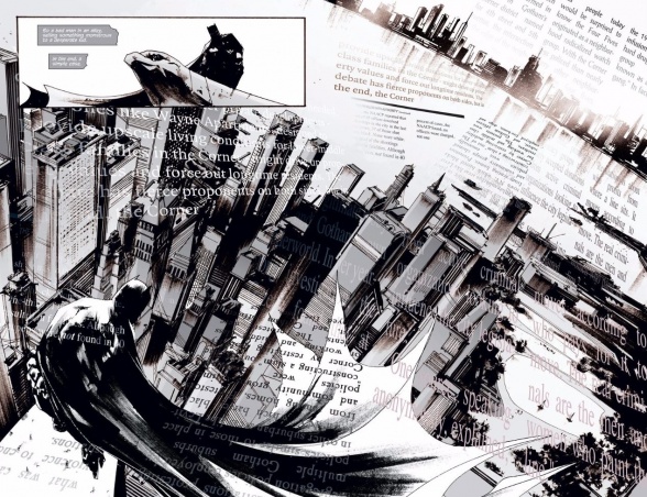 Now, this issue incorporates newspaper text into the pages and layout. Words from the Gotham Gazette are used to add depth and perspective to the case and ongoing circumstances of the city.