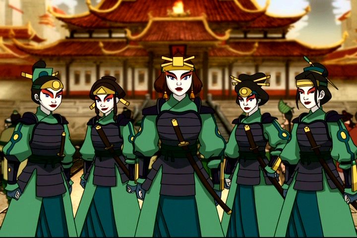 Aang, Katara and Sokka are apprehended by the Kyoshi Warriors, a group of female warriors. Photo: Nickelodeon/Avatar: The Last Airbender