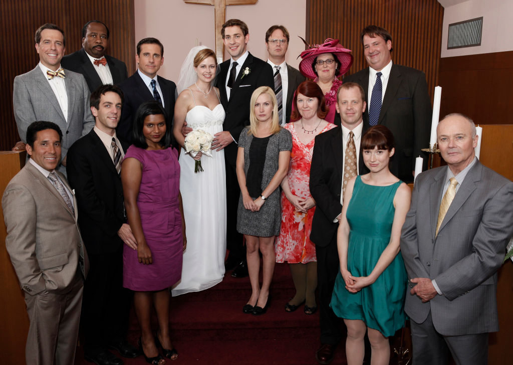 THE OFFICE -- "Niagara" Episode 604/605 -- Pictured: (back row l-r) Ed Helms as Andy Bernard, Leslie David Baker as Stanley Hudson, Steve Carell as Michael Scott, Jenna Fischer as Pam Beesly, John Krasinski as Jim Halpert, Rainn Wilson as Dwight Schrute, Phyllis Smith as Phyllis Lapin, Brian Baumgartner as Kevin Malone (front row l-r) Oscar Nunez as Oscar Martinez, B.J. Novak as Ryan Howard, Mindy Kaling as Kelly Kapoor, Angela Kinsey as Angela Martin, Kate Flannery as Meredith Palmer, Paul Lieberstein as Toby Flenderson, Ellie Kemper as Kelly Erin Hannon, Creed Bratton as Creed Bratton -- (Photo by: Byron Cohen/NBCU Photo Bank/NBCUniversal via Getty Images via Getty Images)
